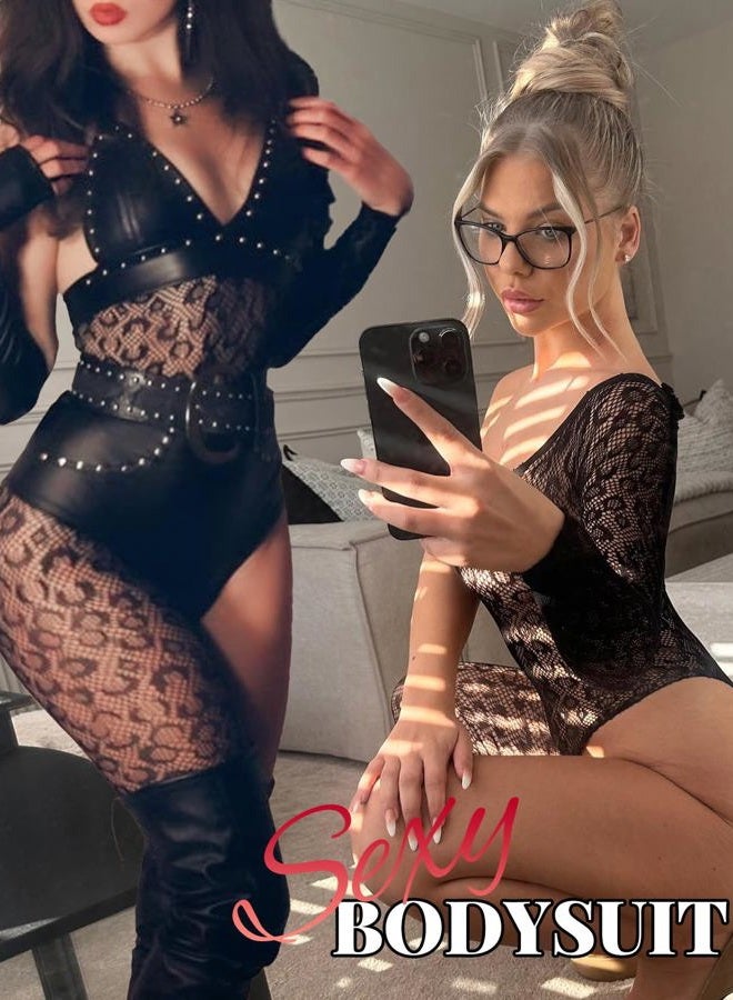 Buitifo Womens Fishnet Bottom Leopard Bodysuit Jumpsuit Rave Outfits, Black 8, One size - Image 3