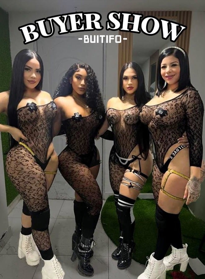 Buitifo Womens Fishnet Bottom Leopard Bodysuit Jumpsuit Rave Outfits, Black 8, One size - Image 5