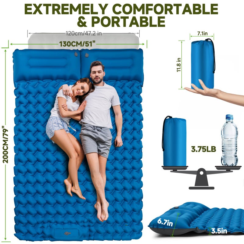Seektain Double Camping Sleeping Pad, 4" Extra Thick 2 Person Inflatable Sleeping Pad with Built-in Foot Pump & Pillow, Self Inflating Camping Mattress for Tent, Backpacking, Hiking, Travel, RVï¼ˆBlueï¼‰ - Image 3
