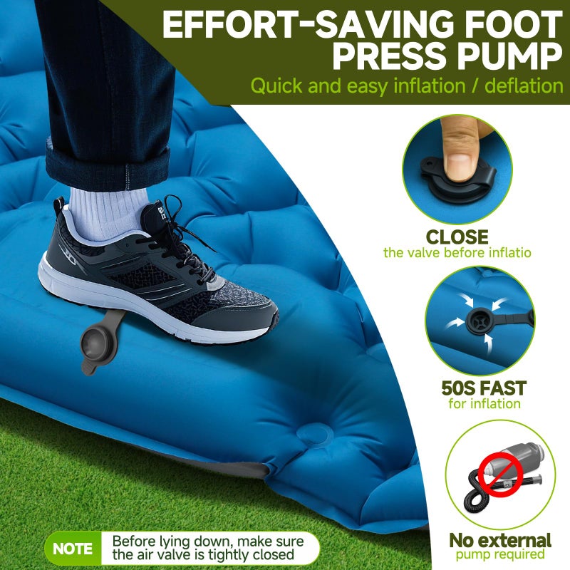 Seektain Double Camping Sleeping Pad, 4" Extra Thick 2 Person Inflatable Sleeping Pad with Built-in Foot Pump & Pillow, Self Inflating Camping Mattress for Tent, Backpacking, Hiking, Travel, RVï¼ˆBlueï¼‰ - Image 4