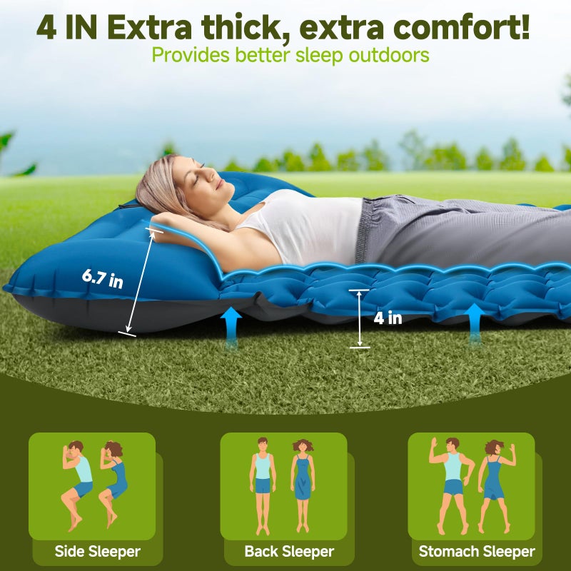 Seektain Double Camping Sleeping Pad, 4" Extra Thick 2 Person Inflatable Sleeping Pad with Built-in Foot Pump & Pillow, Self Inflating Camping Mattress for Tent, Backpacking, Hiking, Travel, RVï¼ˆBlueï¼‰ - Image 2