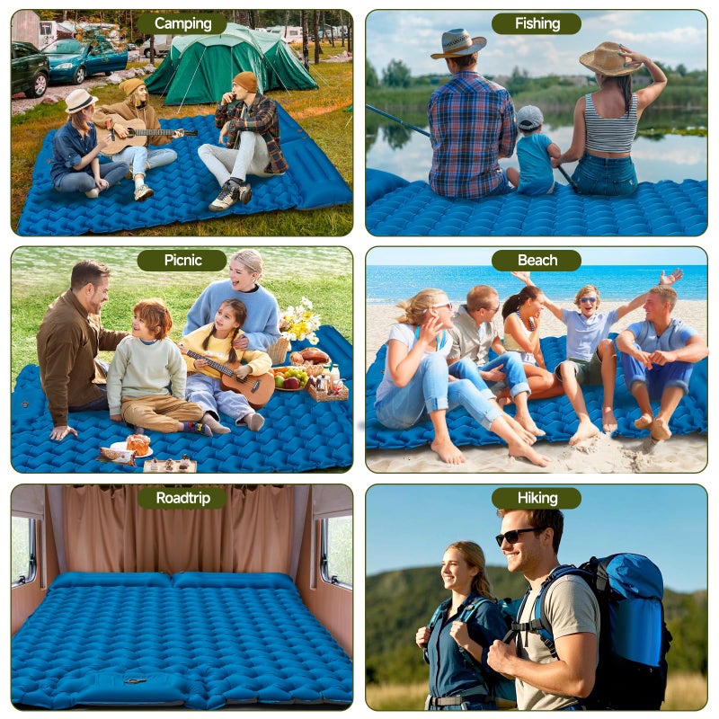 Seektain Double Camping Sleeping Pad, 4" Extra Thick 2 Person Inflatable Sleeping Pad with Built-in Foot Pump & Pillow, Self Inflating Camping Mattress for Tent, Backpacking, Hiking, Travel, RVï¼ˆBlueï¼‰ - Image 5