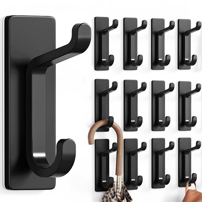 12 PACK WALL HOOKS FOR COAT AND TOWEL 13LB ADHESIVE DOOR HANGER STICK ON BLACK