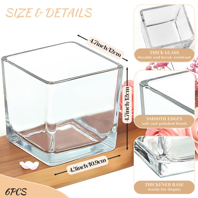 CONNOO 6 Pack Square Glass Vase 5" x 5" x 5", Clear Bulk Flower Vases for Centerpieces, Square Glass Cube Vase Floating Candle Holders for Wedding Party Home Decor - Image 2
