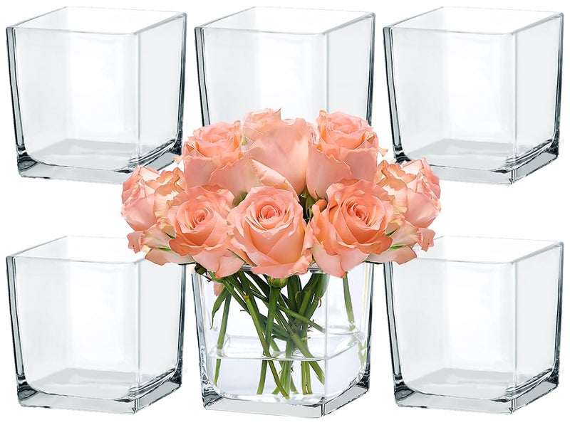 CONNOO 6 Pack Square Glass Vase 5" x 5" x 5", Clear Bulk Flower Vases for Centerpieces, Square Glass Cube Vase Floating Candle Holders for Wedding Party Home Decor - Image 1