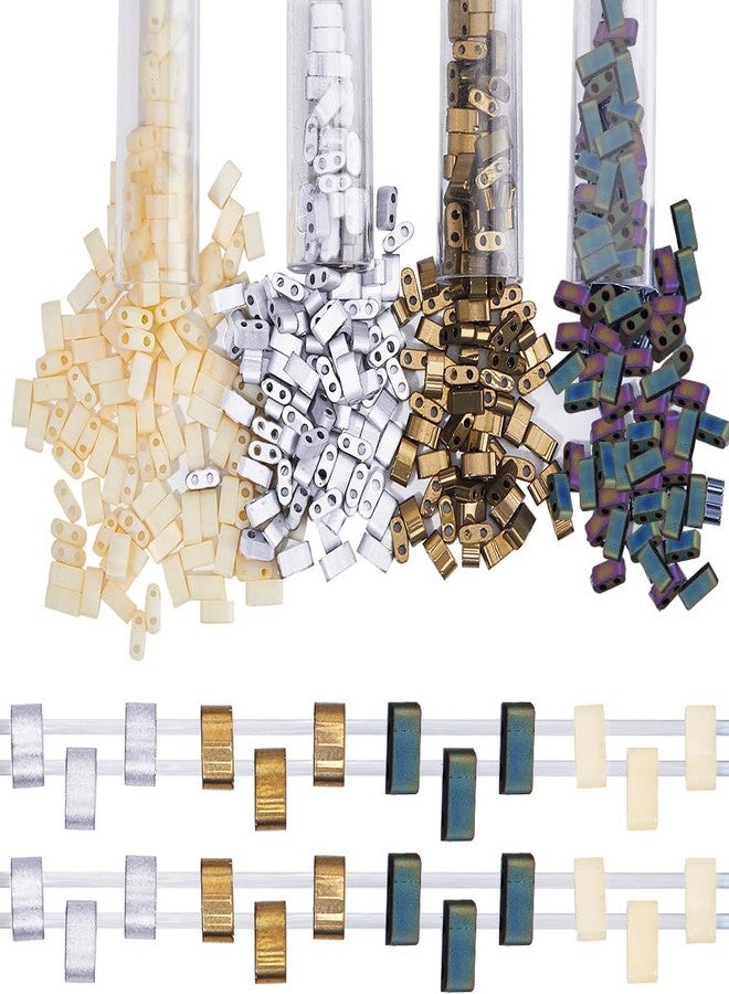 CREATCABIN 400Pcs 2 Hole Half Tila Beads 4 Colors Mix Glass Seed Beads Rectangle Mini Baking Paint Metallic Color Opaque Flat Square for Craft Bracelet Necklace Earring Jewelry Making (Gold Silver) - Image 1