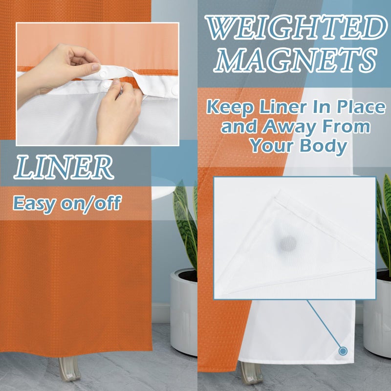 EUTXL Burnt Orange No Hook Shower Stain مع Snap في بطانة 230GSM الستائر نسج Waffle Waffle للحمام 71W × 74H - Image 3
