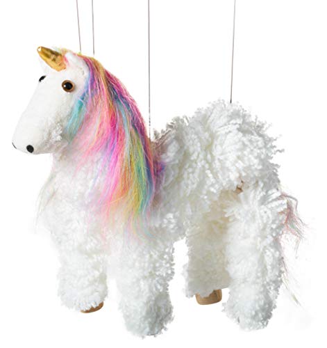 Artisan Owl Rainbow Mane Magical Unicorn Marionette Puppet  Wooden Feet and Detachable Strings White - Image 1