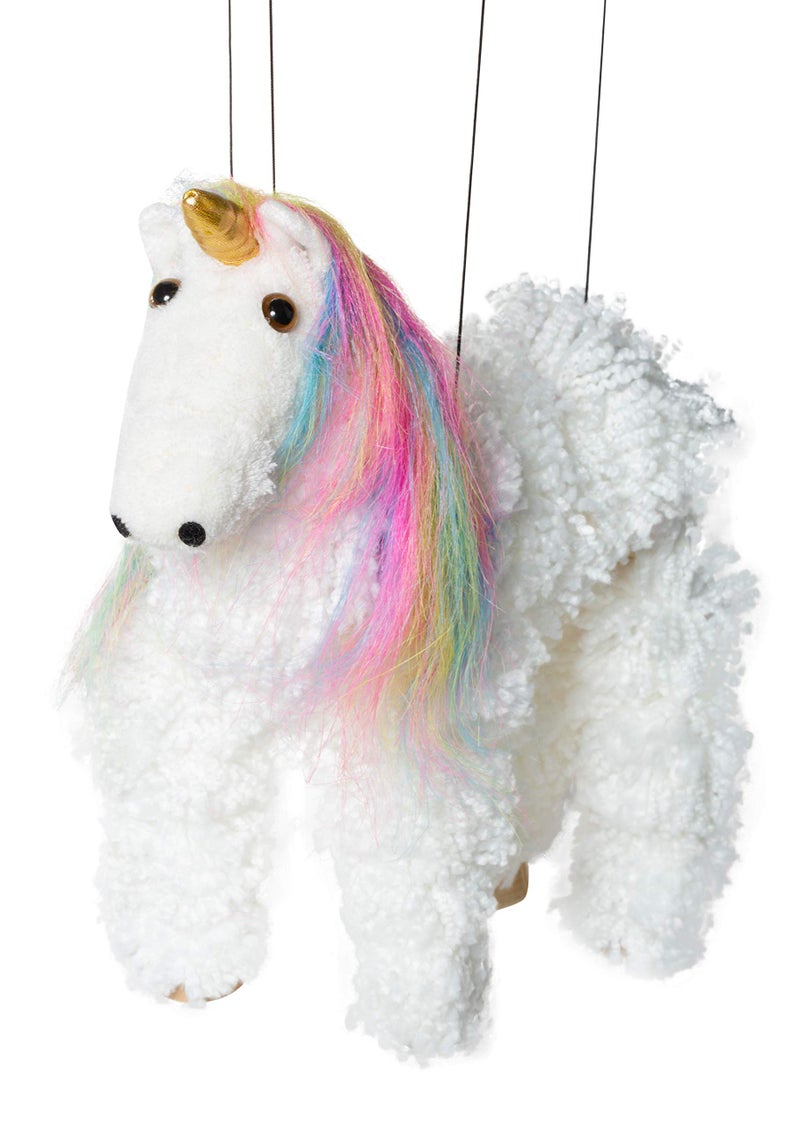 Artisan Owl Rainbow Mane Magical Unicorn Marionette Puppet  Wooden Feet and Detachable Strings White - Image 3