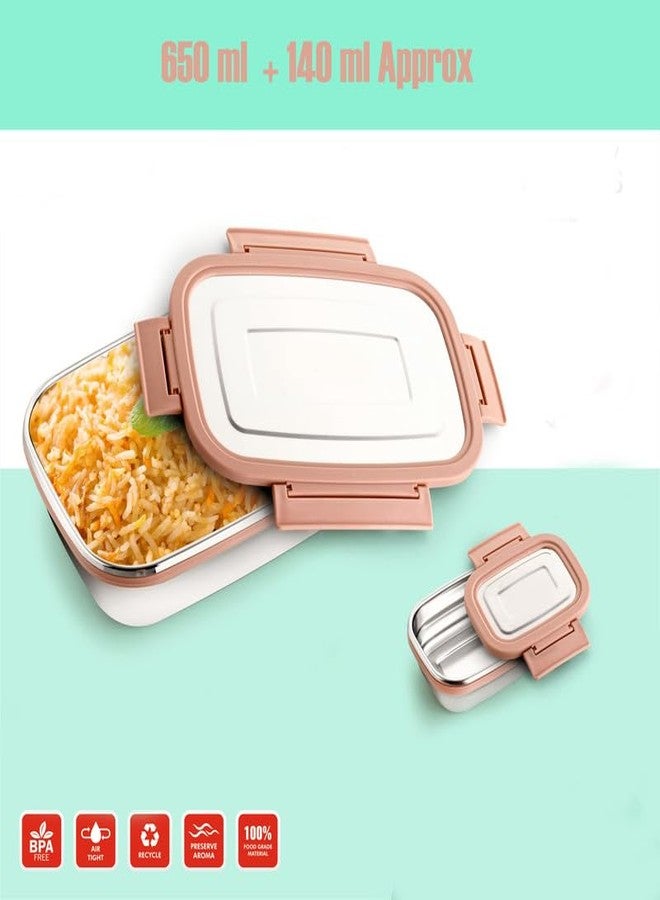 Gra8 Stainless Steel Tiffin Box/Dabba | Airtight, Leak Proof | 4-Side Lock | Food Grade | Office, School, Travel Use | Easy to Clean & Carry | Durable | 100% Safe | (650ML + 140ML) - Image 3