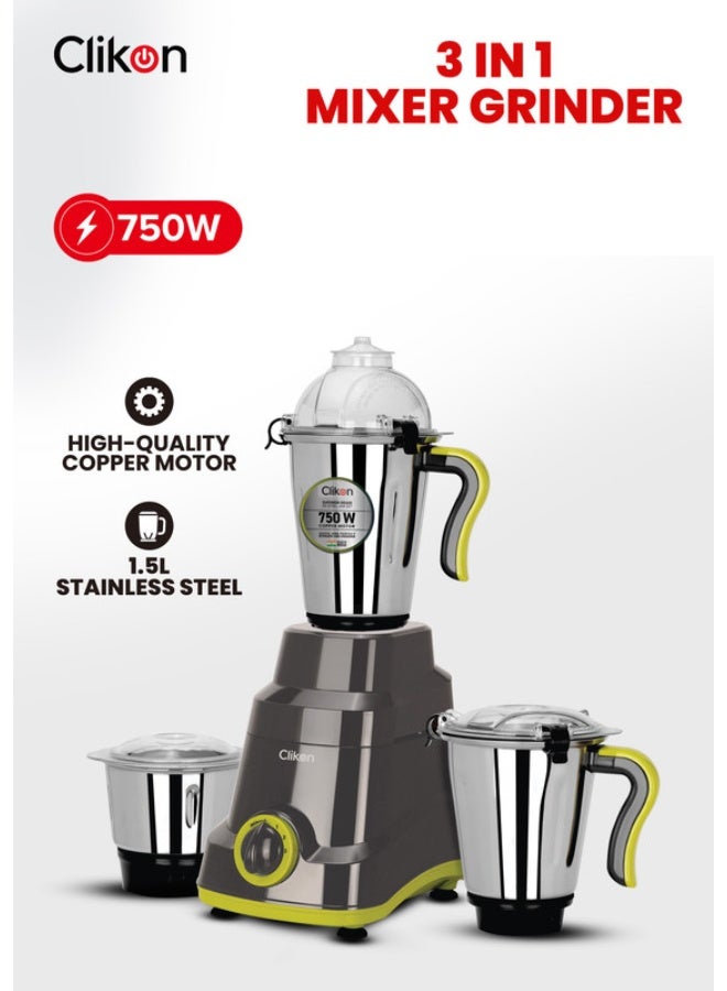 Clikon 3-In-1 Mixer Grinder With Stainless Steel Jar And Blade/Powerful Copper motor/Overload Protection 1.5 L 750 W CK2686 Black/Green - Image 1