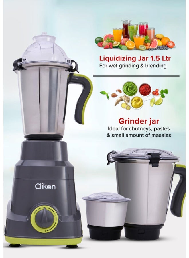 Clikon 3-In-1 Mixer Grinder With Stainless Steel Jar And Blade/Powerful Copper motor/Overload Protection 1.5 L 750 W CK2686 Black/Green - Image 5