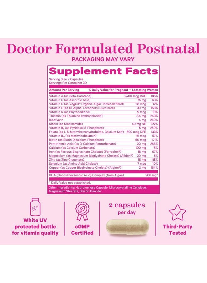 Pink Stork - Total Postnatal Vitamins for Women with Vegan DHA, Iron, Folate, and Vitamin B12, Postpartum Recovery Essentials, Daily Supplement for Breastfeeding Moms - 1 Month Supply - Image 1