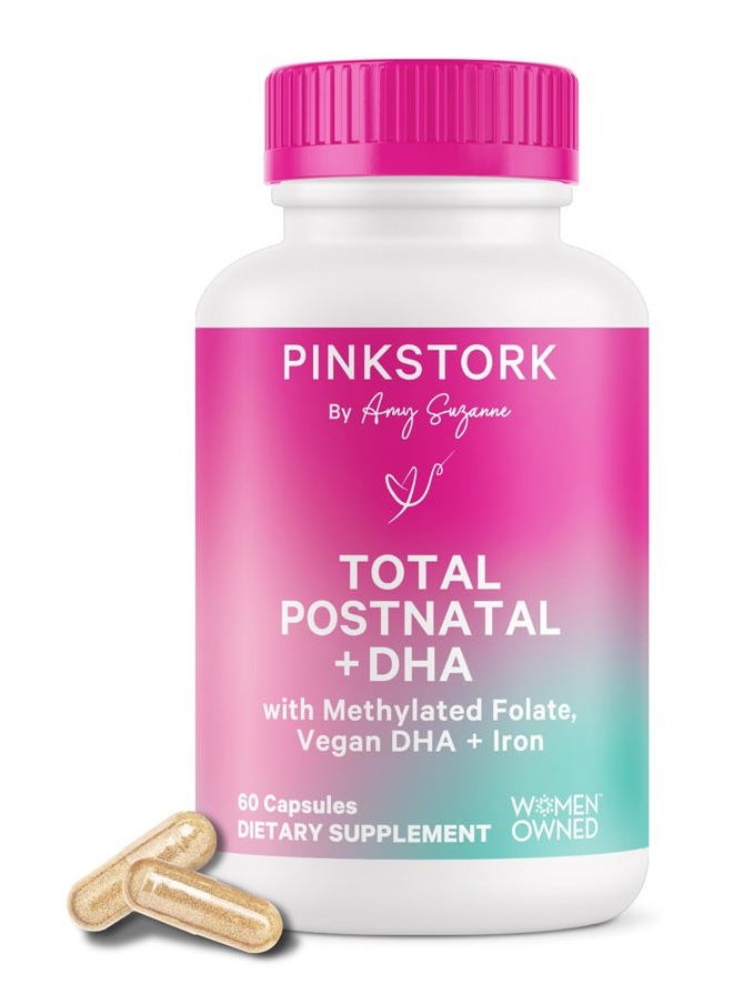 Pink Stork - Total Postnatal Vitamins for Women with Vegan DHA, Iron, Folate, and Vitamin B12, Postpartum Recovery Essentials, Daily Supplement for Breastfeeding Moms - 1 Month Supply - Image 1