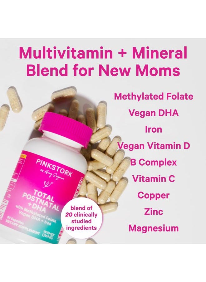 Pink Stork - Total Postnatal Vitamins for Women with Vegan DHA, Iron, Folate, and Vitamin B12, Postpartum Recovery Essentials, Daily Supplement for Breastfeeding Moms - 1 Month Supply - Image 1