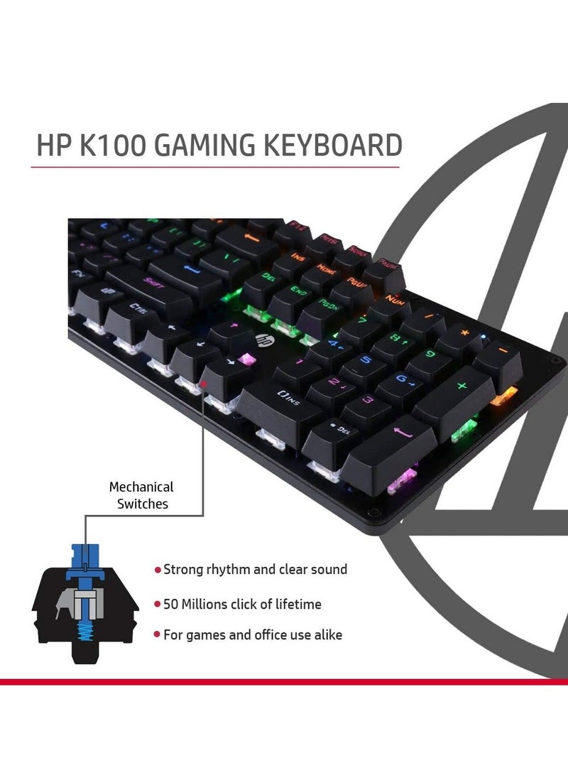 HP لوحة مفاتيح الألعاب الميكانيكية السلكية كاملة الحجم GK100F بإضاءة خلفية RGB، 104 زرًا، أزرار الألعاب مصنفة حتى 50 مليون نقرة، لون موحد، مفتاح أزرق، إضاءة شاملة، تصميم سهل الاستخدام - أسود - Image 3
