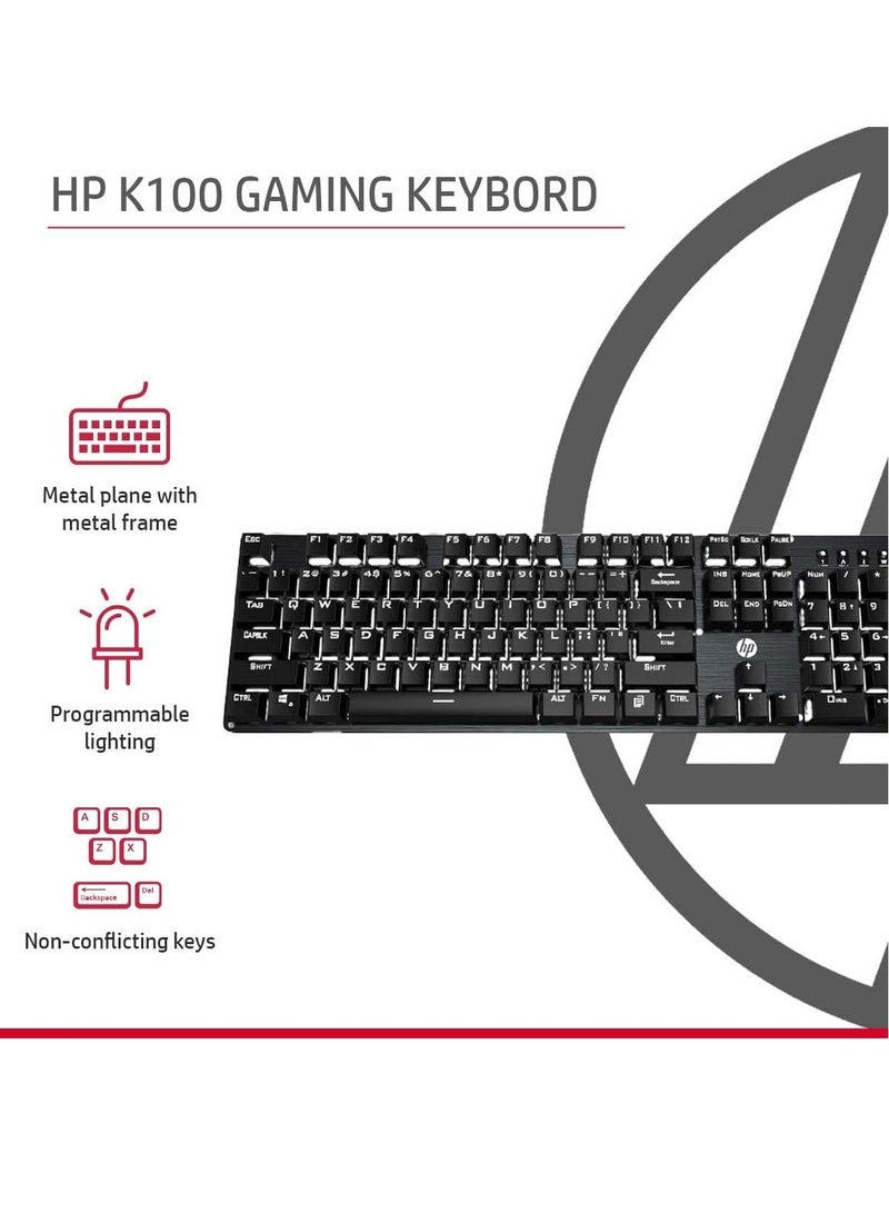 HP لوحة مفاتيح الألعاب الميكانيكية السلكية كاملة الحجم GK100F بإضاءة خلفية RGB، 104 زرًا، أزرار الألعاب مصنفة حتى 50 مليون نقرة، لون موحد، مفتاح أزرق، إضاءة شاملة، تصميم سهل الاستخدام - أسود - Image 5