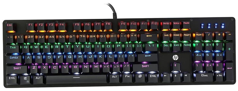 HP لوحة مفاتيح الألعاب الميكانيكية السلكية كاملة الحجم GK100F بإضاءة خلفية RGB، 104 زرًا، أزرار الألعاب مصنفة حتى 50 مليون نقرة، لون موحد، مفتاح أزرق، إضاءة شاملة، تصميم سهل الاستخدام - أسود - Image 1