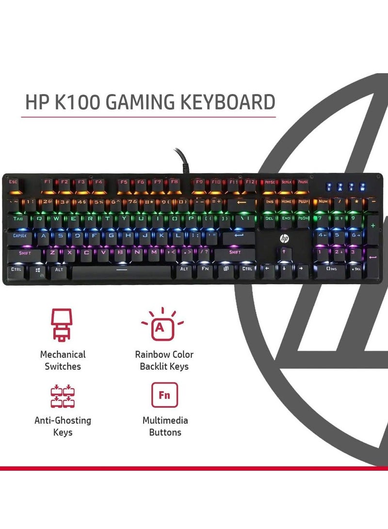 HP لوحة مفاتيح الألعاب الميكانيكية السلكية كاملة الحجم GK100F بإضاءة خلفية RGB، 104 زرًا، أزرار الألعاب مصنفة حتى 50 مليون نقرة، لون موحد، مفتاح أزرق، إضاءة شاملة، تصميم سهل الاستخدام - أسود - Image 2