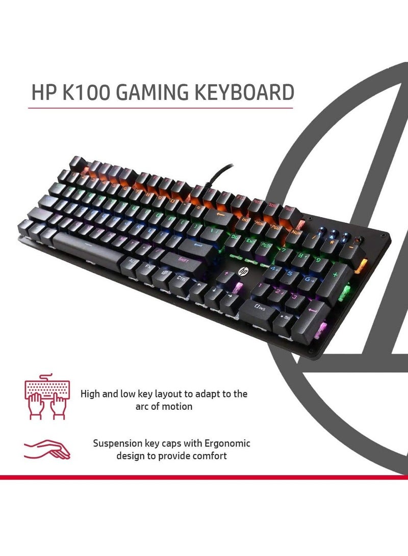 HP لوحة مفاتيح الألعاب الميكانيكية السلكية كاملة الحجم GK100F بإضاءة خلفية RGB، 104 زرًا، أزرار الألعاب مصنفة حتى 50 مليون نقرة، لون موحد، مفتاح أزرق، إضاءة شاملة، تصميم سهل الاستخدام - أسود - Image 4