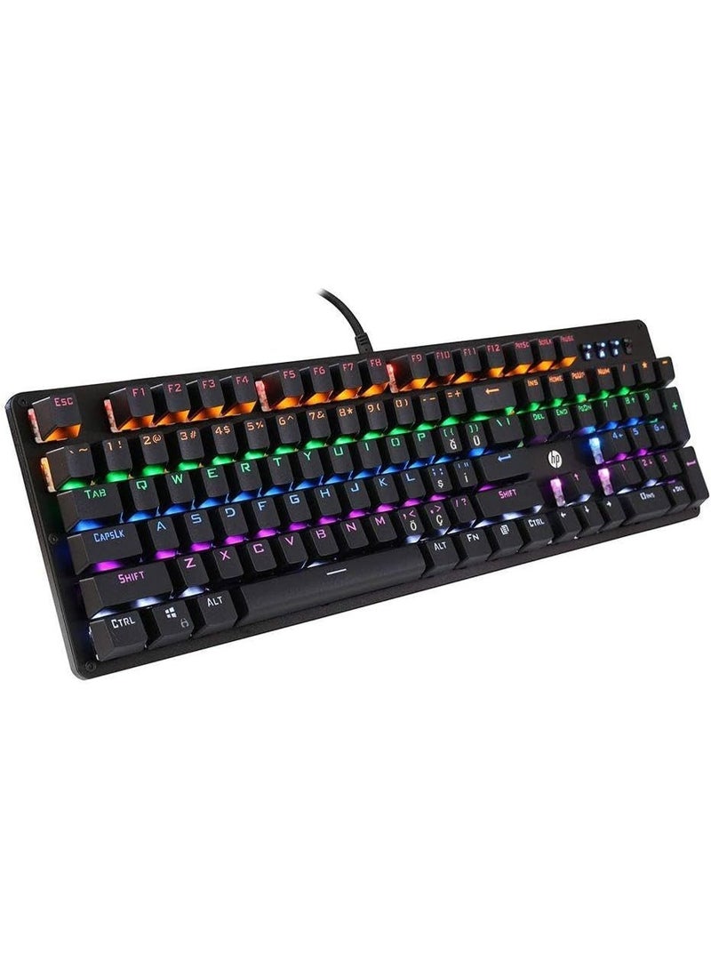 HP Full Size RGB Backlit Wired Mechanical Gaming Keyboard GK100F , 104 buttons , Gaming buttons rated at up to 50 million-clicks , Color uniform,  Blue Switch , overall lighting , friendly design - black - Image 5