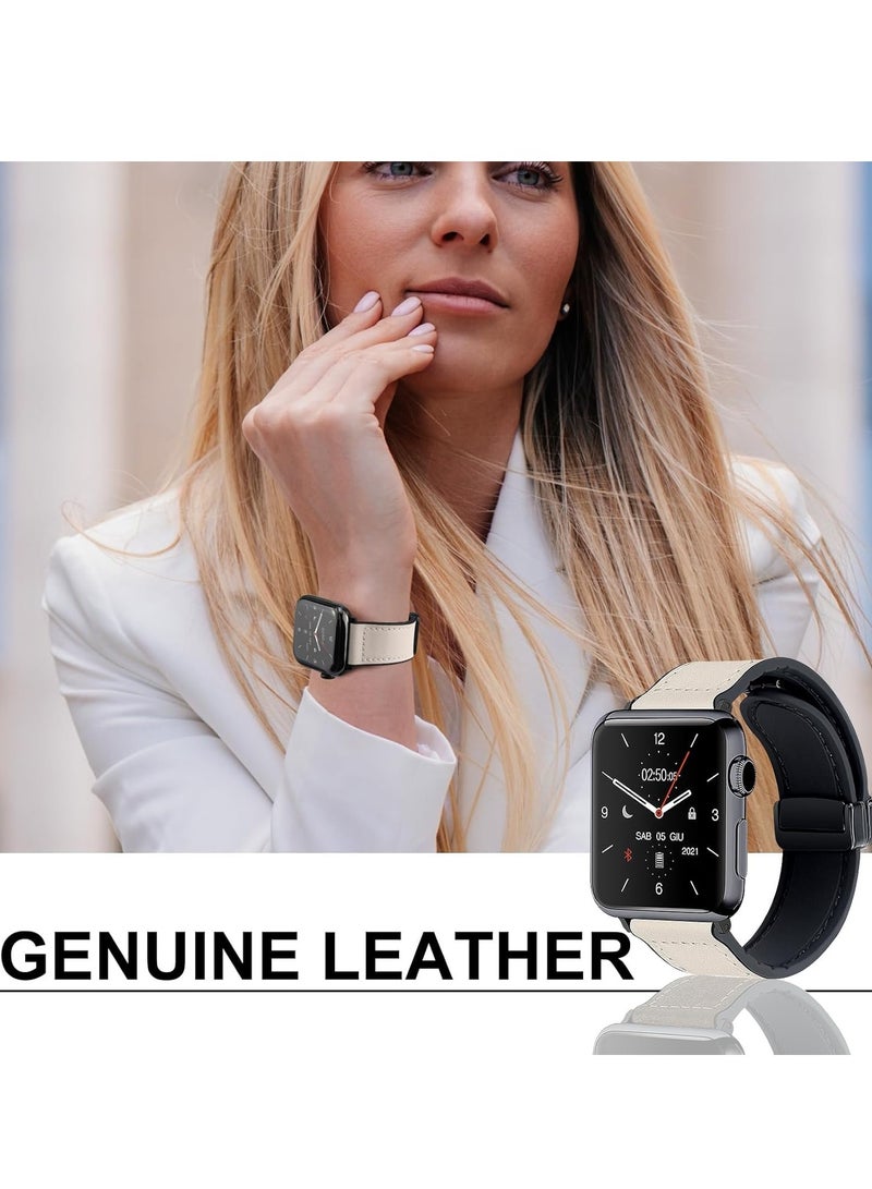 MIGOFAST Magnetic Leather Watch Band for Apple Watch Ultra 49mm/45mm/44mm/42mm  Magnetic Buckle Genuine Leather Strap for Apple Watch Series White - Image 2