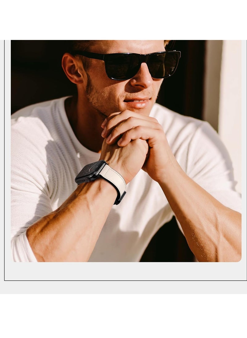 MIGOFAST Magnetic Leather Watch Band for Apple Watch Ultra 49mm/45mm/44mm/42mm  Magnetic Buckle Genuine Leather Strap for Apple Watch Series White - Image 4