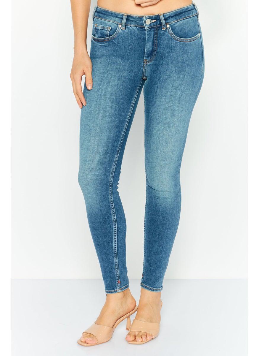 Scotch & Soda Women Skinny Fit Mid Rise Washed Stretchable Straight Leg Denim, Blue  - Image 1