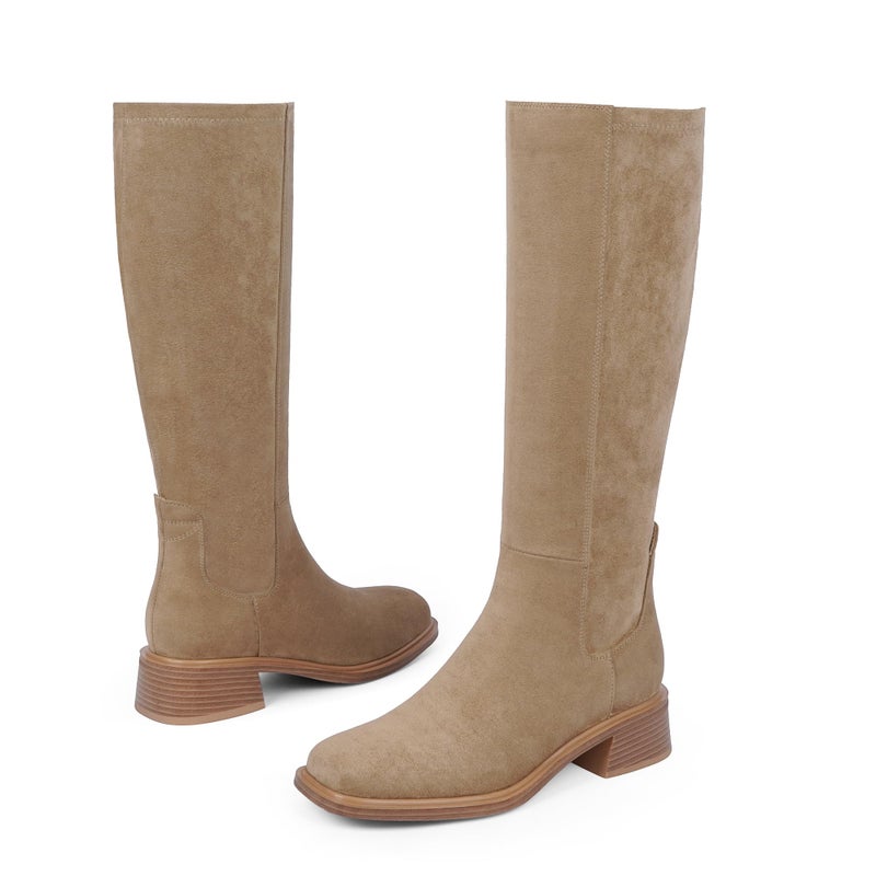 QIY Women's Knee-High Boots Heel Fall Boot for Women 2025 Tan Camel Below Knee Boots Riding Square Toe Chunky Heeled Tall Long Suede Boot Size 9 - Image 5