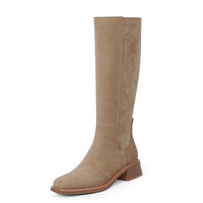 QIY Women's Knee-High Boots Heel Fall Boot for Women 2025 Tan Camel Below Knee Boots Riding Square Toe Chunky Heeled Tall Long Suede Boot Size 9 - Image 1
