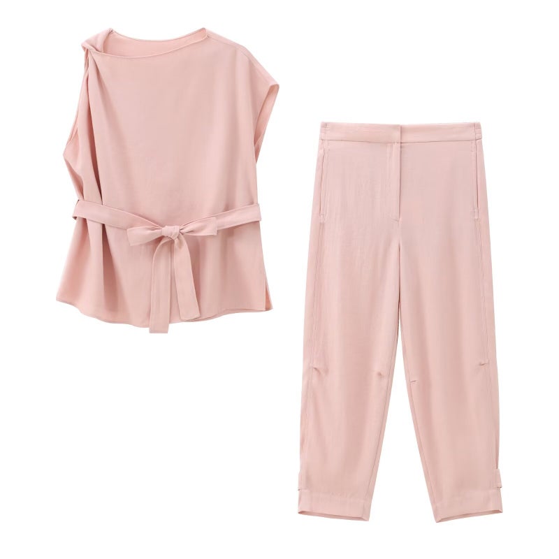 ZA cross-border womens clothing wholesale new European and American style solid color linen blended jacket casual trousers 4043246 pink top
