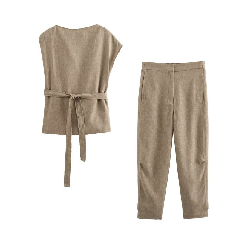 ZA cross-border womens clothing wholesale new European and American style solid color linen blended jacket casual trousers 4043246 pink top - Image 3
