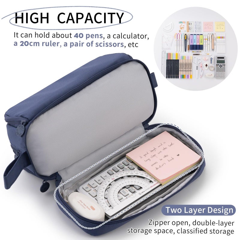 CICIMELON Large Capacity Pen Pencil Case with 4 Compartments, Multi-Slot Pencil Pouch Bag Aesthetic School Supplies Organizer for Teen Girls, Women, Adults (Navy) - Image 4