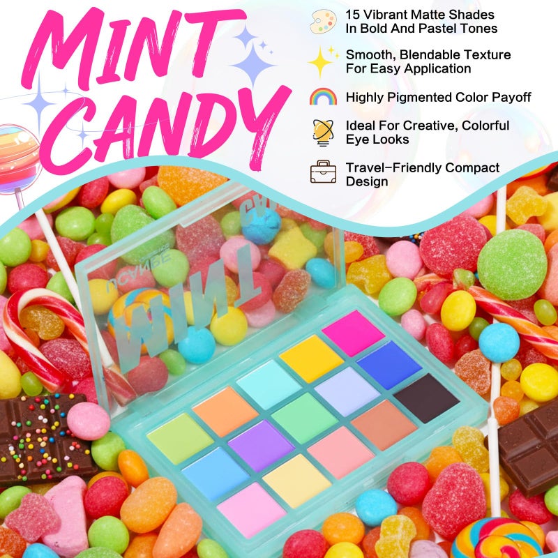 UCANBE Colorful Matte Makeup Eyeshadow Palette, 15 Shades Vibrant MACARON Pastel Eye Shadow Pallet, High Pigmented Blendable Rainbow Make Up Plattet Kit - Mint Candy - Image 2