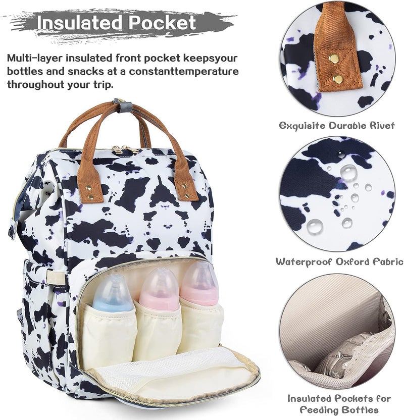LIMHOO 4 in 1 Diaper Bag Backpack Set for Baby Girls Mom Large Capacity Waterproof Baby Care Bag MultiFunction Nappy Bag Cow - Image 4