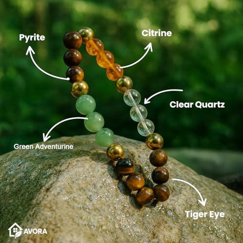 AVORA Certified Dhan Yog Money Magnet Bracelet for Men & Women | Natural Pyrite, Citrine, Green Aventurine, Tiger Eye & Clear Quartz Crystal 8mm Beads | Wealth, Luck & Prosperity - Image 5