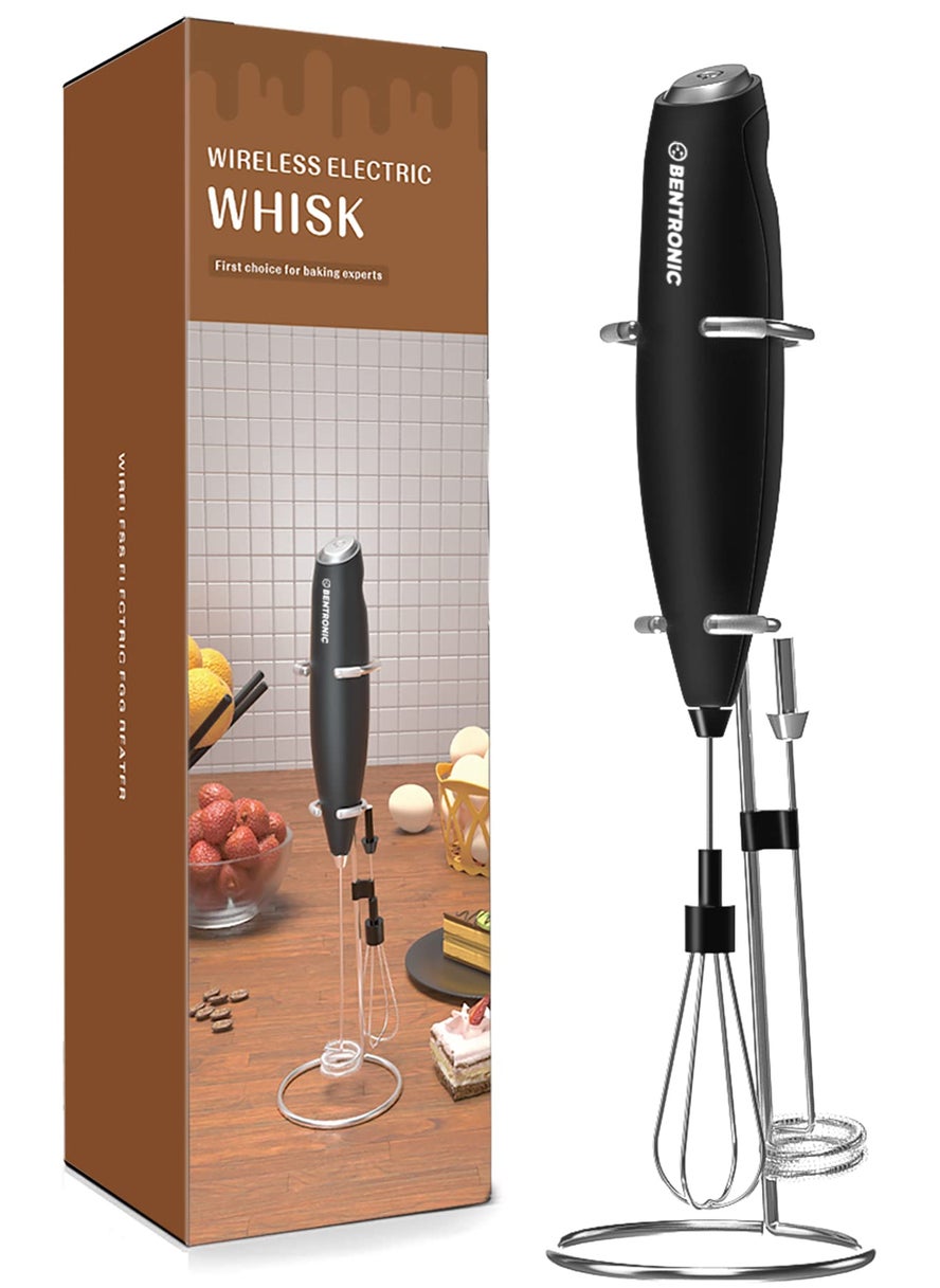BENTRONIC Double whisk Milk Frother Handheld electric mixer Egg Beater Foam Maker for Coffee Latte and Cappuccino matcha whisk Drink Mixer kitchen gadgets with stand BENTRONIC black 