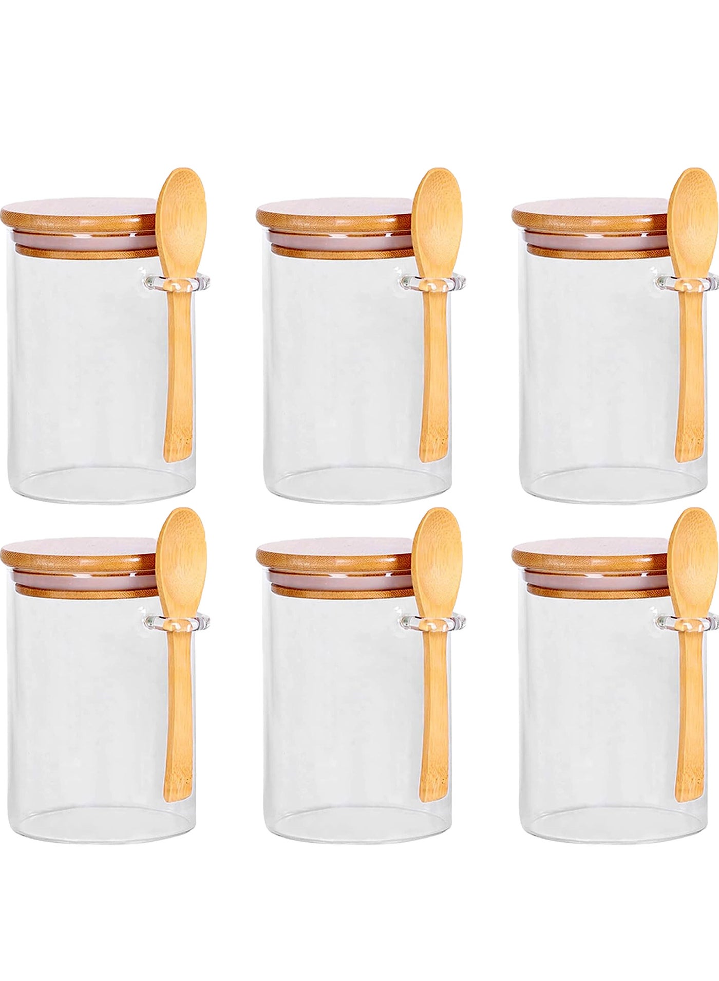 6-Piece Glass Jars With Airtight Wooden Lid and Wooden Spoon Size 450ml X 6 Airtight Jars for Spice Tea Coffee Cookies Candies Dry Fruits Kitchen Storage Jars Size 8.5cm*10cm
