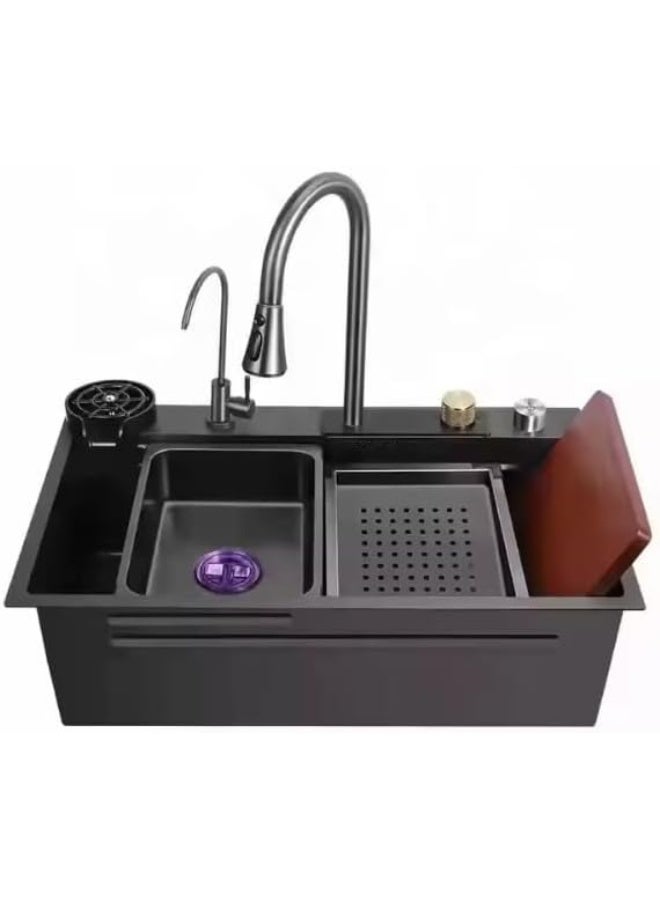 Piano System Multifunction Modern Smart Waterfall Stainless Steel 304 Black Kitchen Sink For Kitchen with LED Light (Size: 75 * 46)  - Image 4