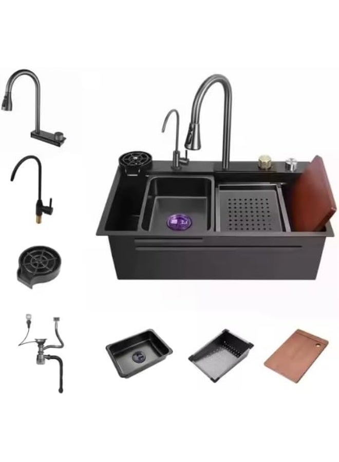 Piano System Multifunction Modern Smart Waterfall Stainless Steel 304 Black Kitchen Sink For Kitchen with LED Light (Size: 75 * 46)  - Image 1