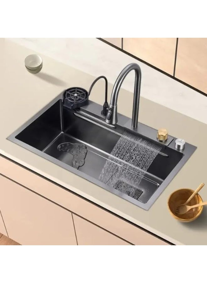 Piano System Multifunction Modern Smart Waterfall Stainless Steel 304 Black Kitchen Sink For Kitchen with LED Light (Size: 75 * 46)  - Image 3