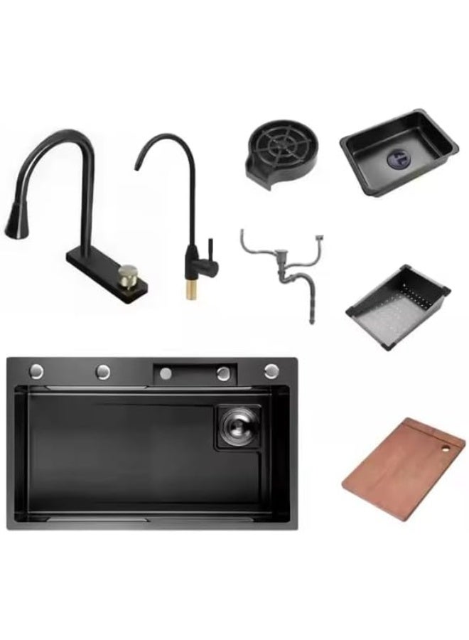 Piano System Multifunction Modern Smart Waterfall Stainless Steel 304 Black Kitchen Sink For Kitchen with LED Light (Size: 75 * 46)  - Image 5