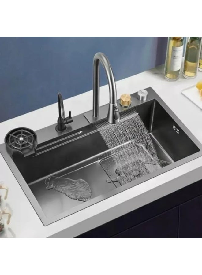 Piano System Multifunction Modern Smart Waterfall Stainless Steel 304 Black Kitchen Sink For Kitchen with LED Light (Size: 75 * 46)  - Image 2