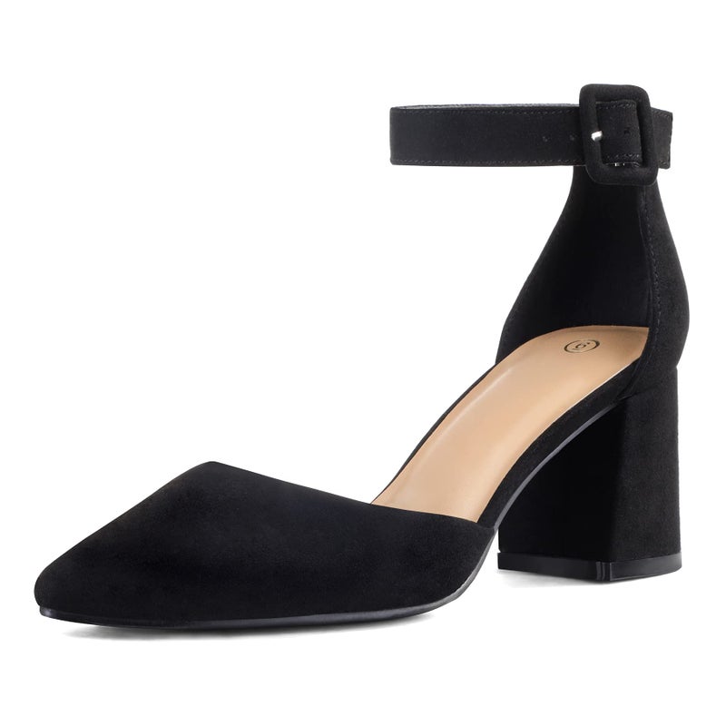 mysoft Women's Pointed Toe Low Chunky Heels Closed Toe Ankle Strap Dress Pump Shoes - Available in Wide Sizes - Image 1