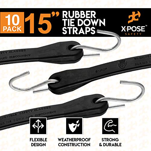 xpose safety Rubber Bungee Cords with Hooks 10 Pack 15 Inch (23” Max Stretch) - Heavy-Duty Black Tie Down Straps for Outdoor, Tarp Covers, Canvas Canopies, Motorcycle, and Cargo - by Xpose Safety - Image 3