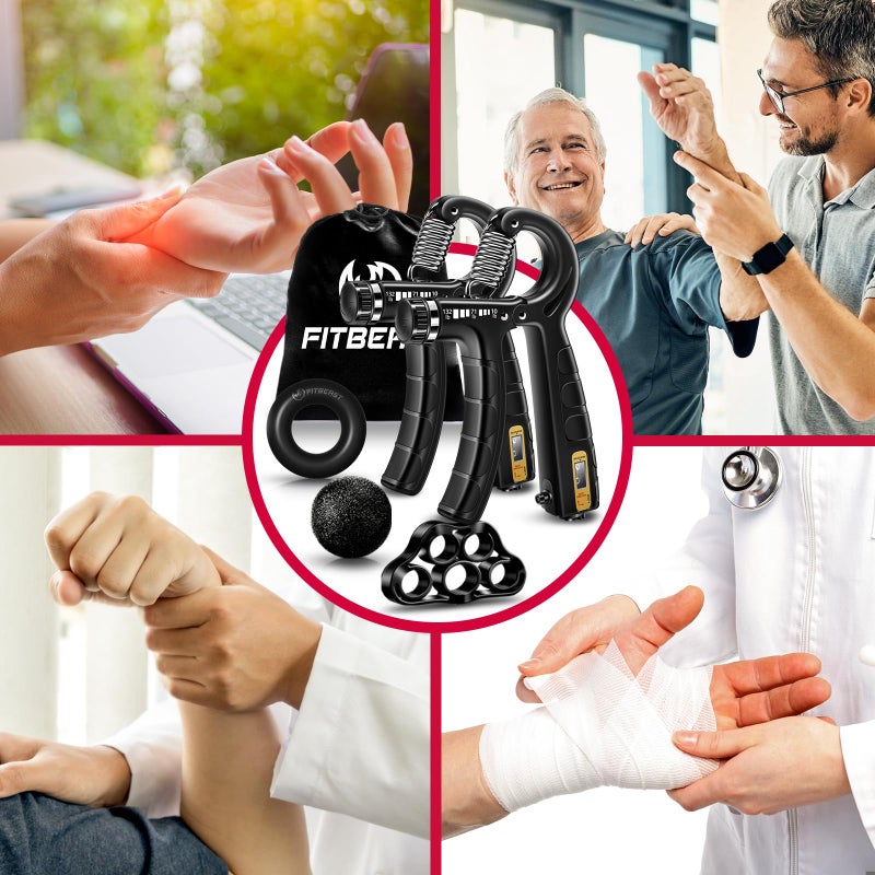 FitBeast Hand Grip Strengthener Workout Kit (5 Pack), 2 Forearm Grip Adjustable Resistance Hand Gripper, Finger Stretcher, Grip Ring & Stress Relief Grip Ball for Athletes, Black - Image 5