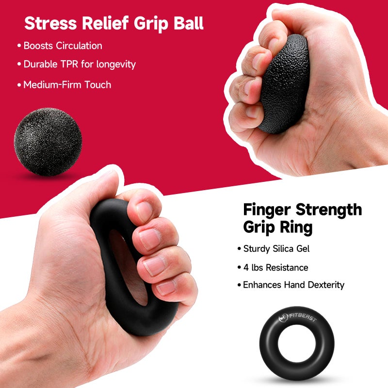 FitBeast Hand Grip Strengthener Workout Kit (5 Pack), 2 Forearm Grip Adjustable Resistance Hand Gripper, Finger Stretcher, Grip Ring & Stress Relief Grip Ball for Athletes, Black - Image 4