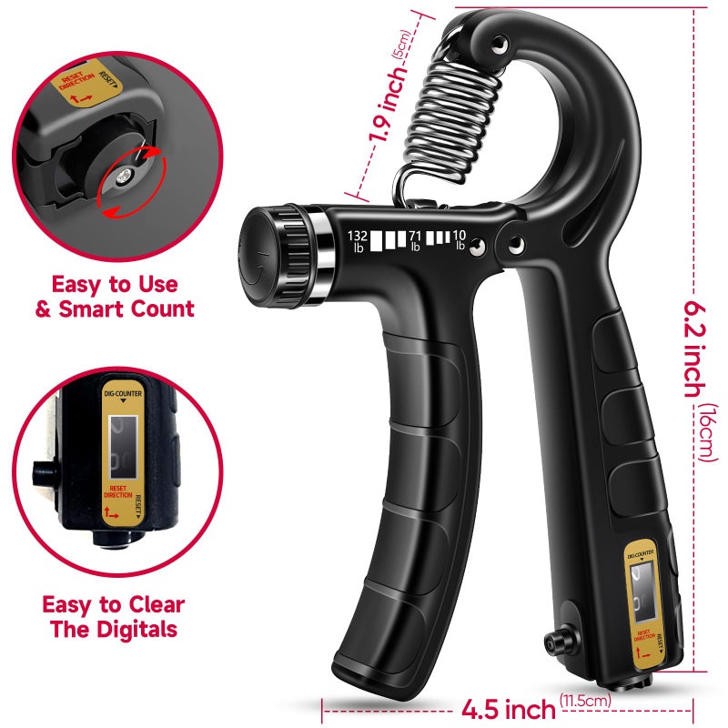 FitBeast Hand Grip Strengthener Workout Kit (5 Pack), 2 Forearm Grip Adjustable Resistance Hand Gripper, Finger Stretcher, Grip Ring & Stress Relief Grip Ball for Athletes, Black - Image 2