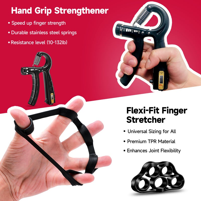 FitBeast Hand Grip Strengthener Workout Kit (5 Pack), 2 Forearm Grip Adjustable Resistance Hand Gripper, Finger Stretcher, Grip Ring & Stress Relief Grip Ball for Athletes, Black - Image 3