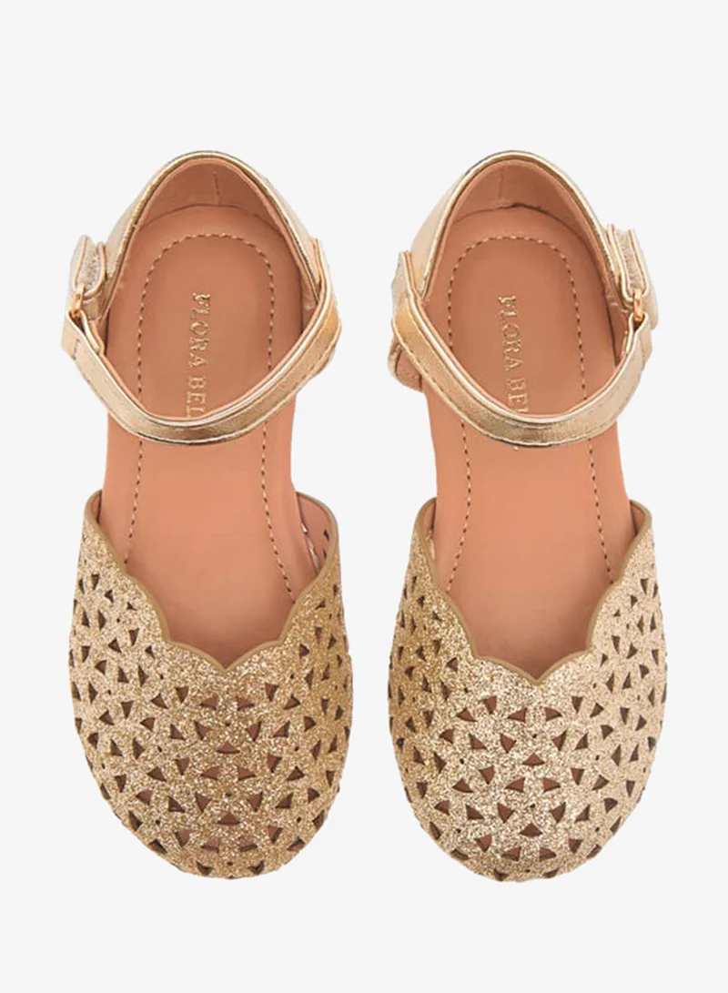 Flora Bella By Shoexpress Girls Cutwork Detail Ballerina Shoes with Hook and Loop Closure Ramadan Collection